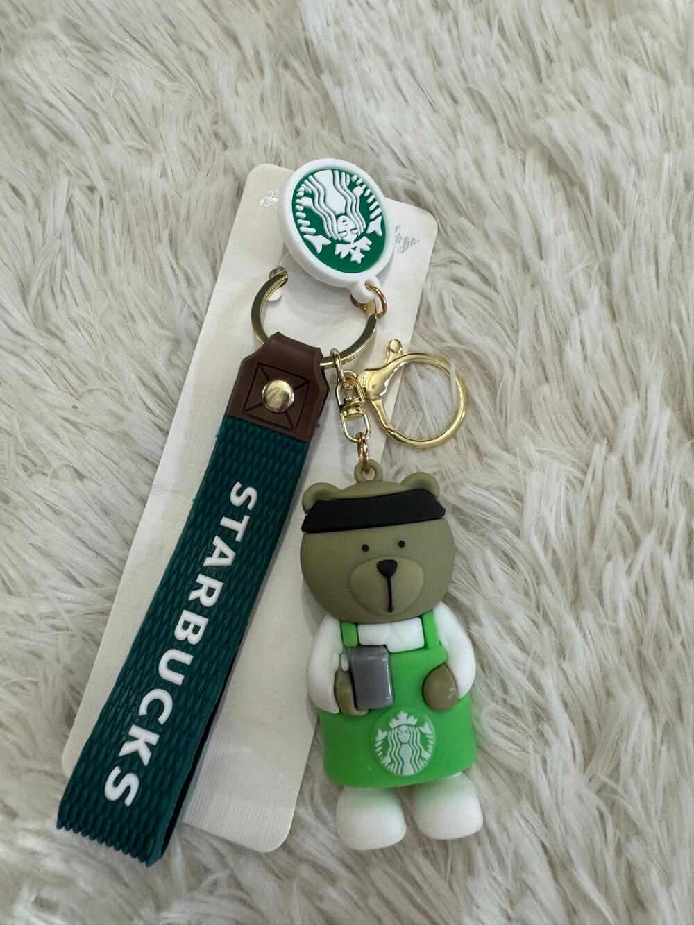 Starbucks Brown bear keychain strap green apron and white shirt